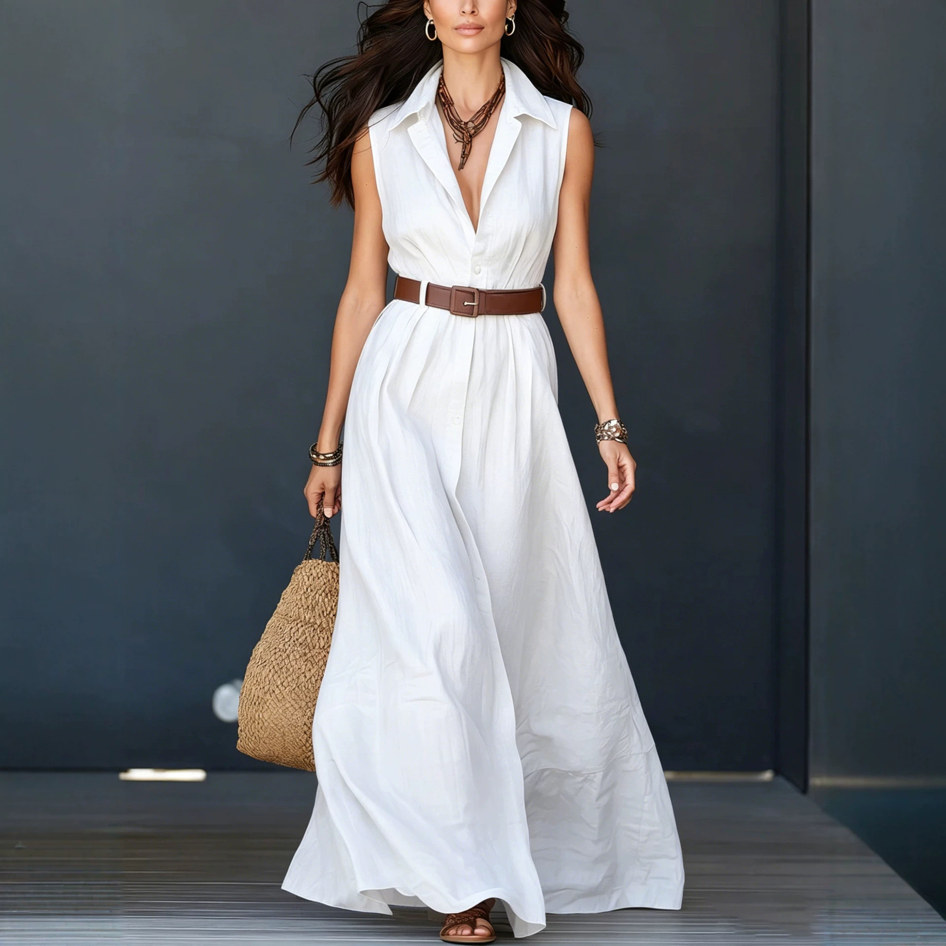 Women's Belted Collared Shirt Dress High Waist A-Line Long Dress