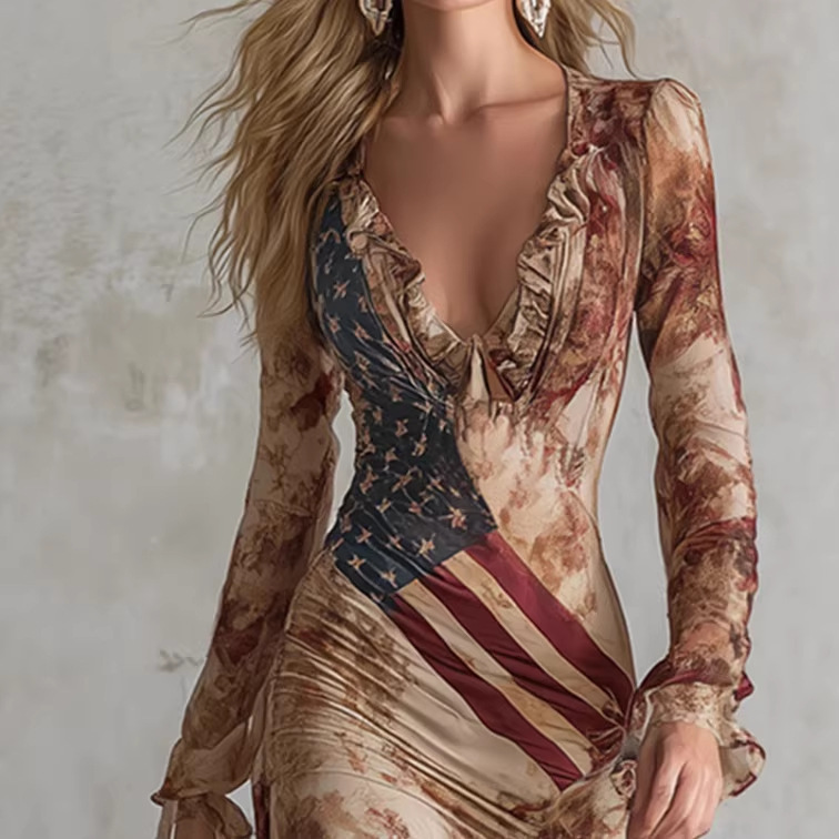 Boho Floral Print V-Neck Long Sleeve Bodycon Maxi Dress