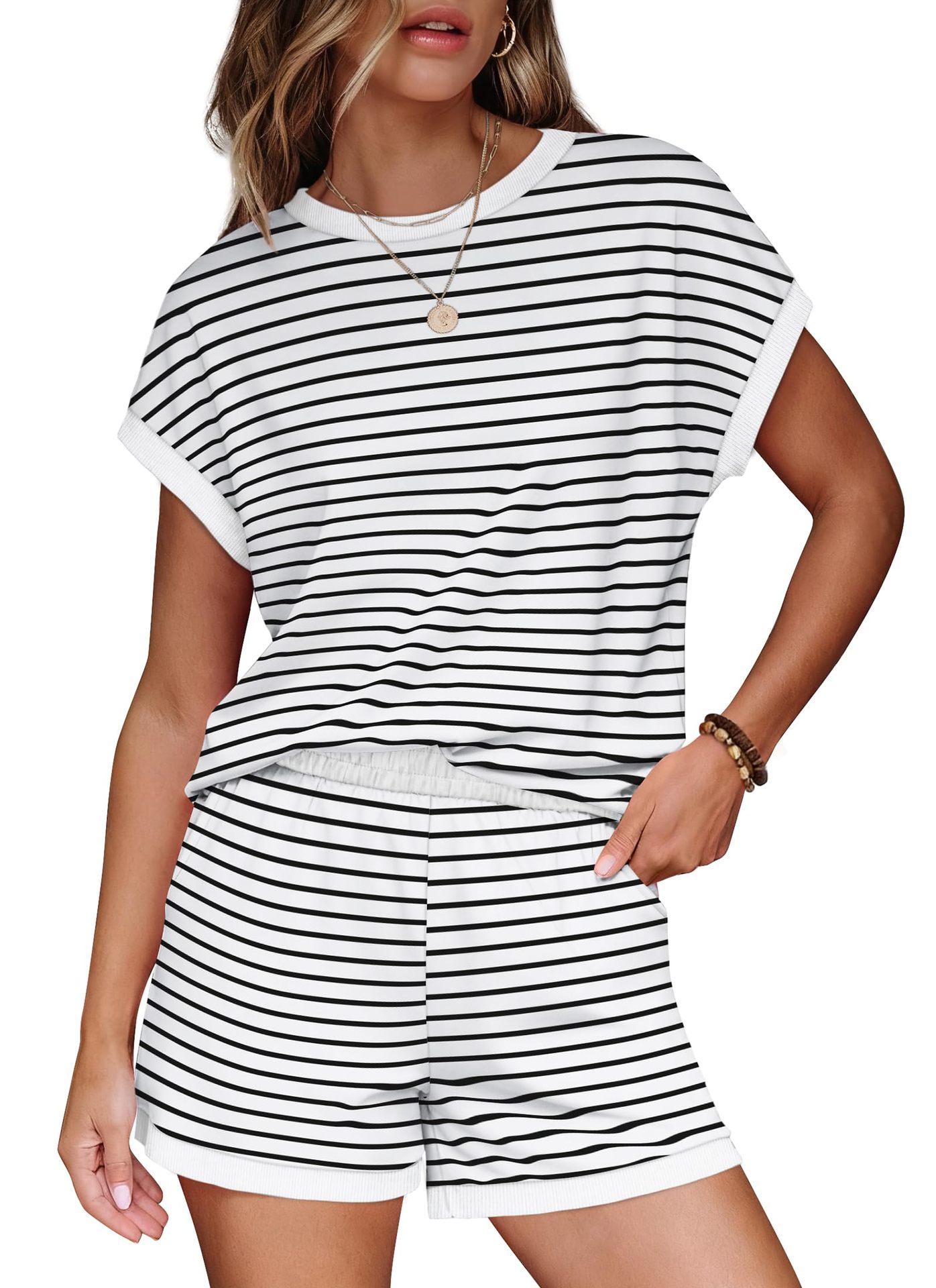 Women's Striped Two-Piece Lounge Set with Round Neck and Short Sleeves