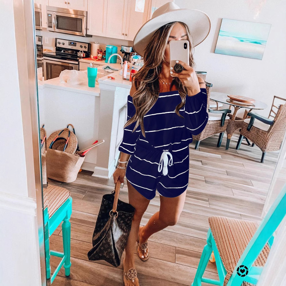 Women's Off-Shoulder Striped Belted Jumpsuit
