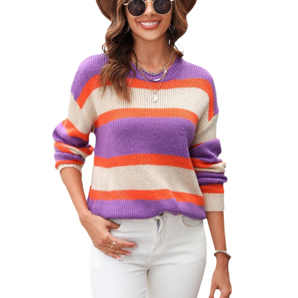 Wide Striped Color-Block Pullover Knit Sweater
