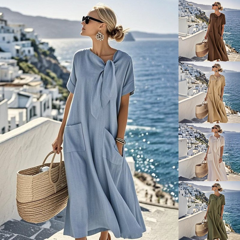 Bow-Tie Neck Long Sleeve Short Sleeve Dress