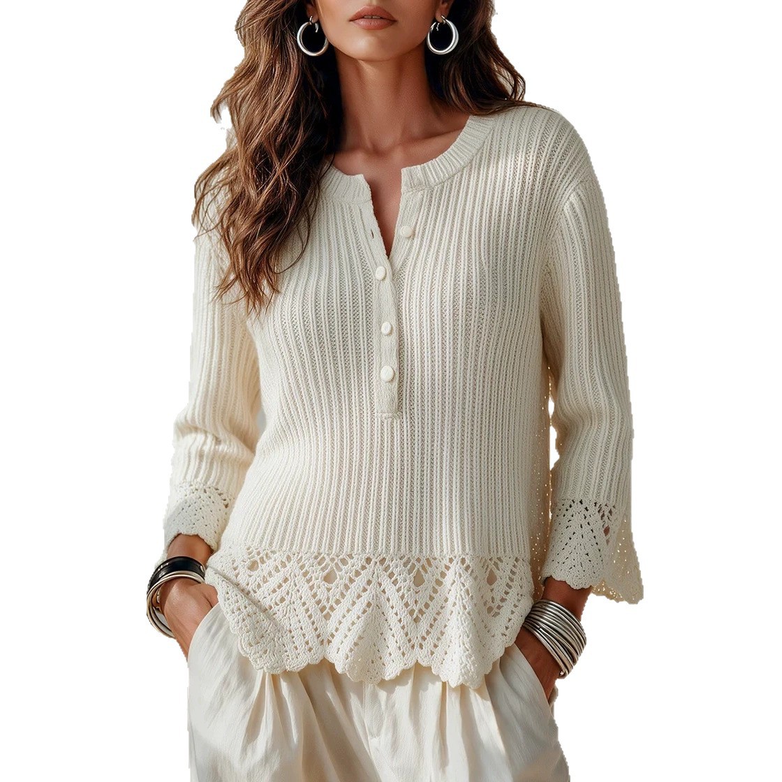 Solid Button Bell Sleeve Loose Slouchy Knit Sweater for Women