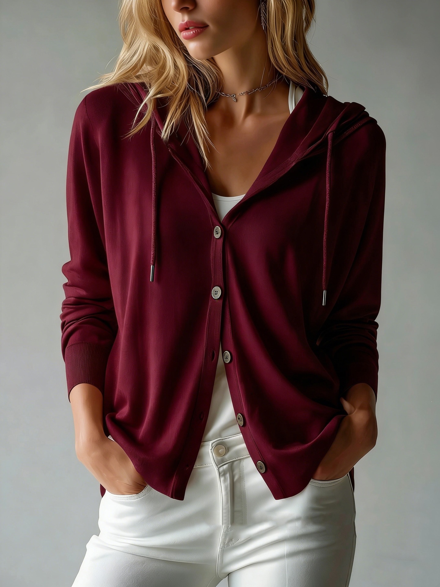Women's Hooded Knit Cardigan Sweater Solid Color Long Sleeve Loose Fit
