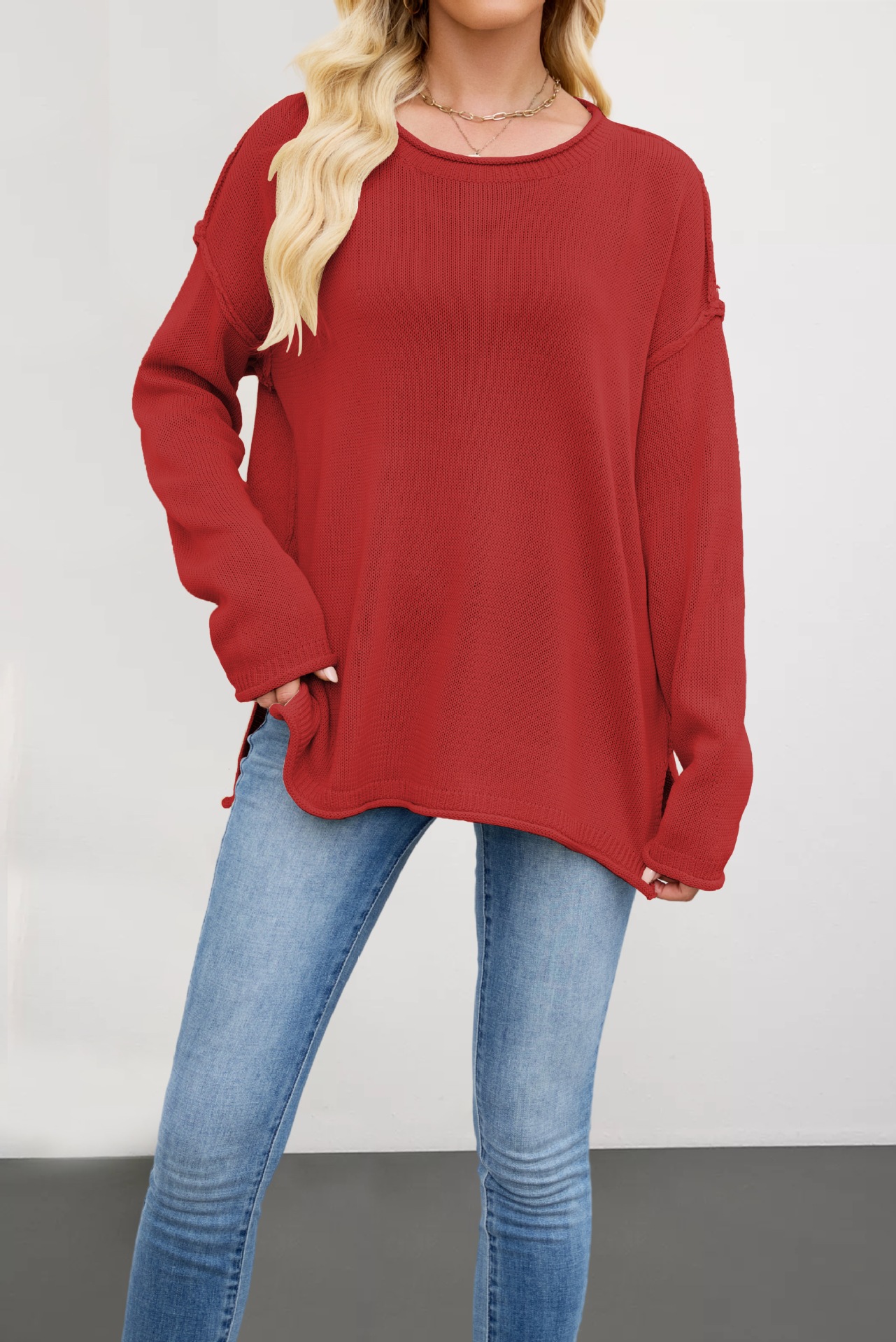 Women's Solid Crewneck Knit Pullover Sweater Loose Fit