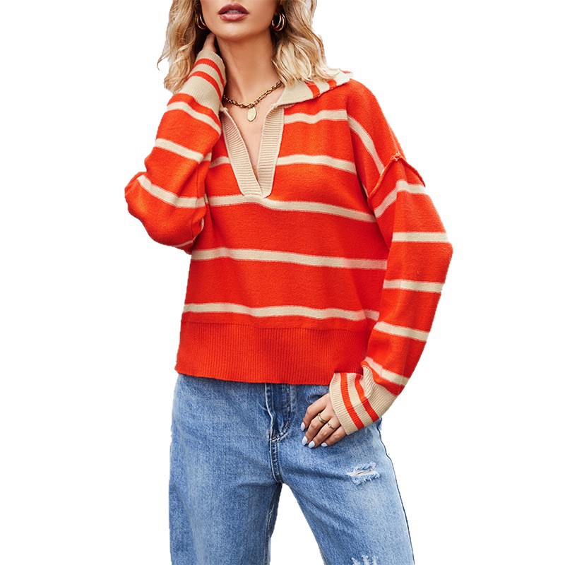 Striped Colorblock Knit Sweater with Collar Loose Plus Size
