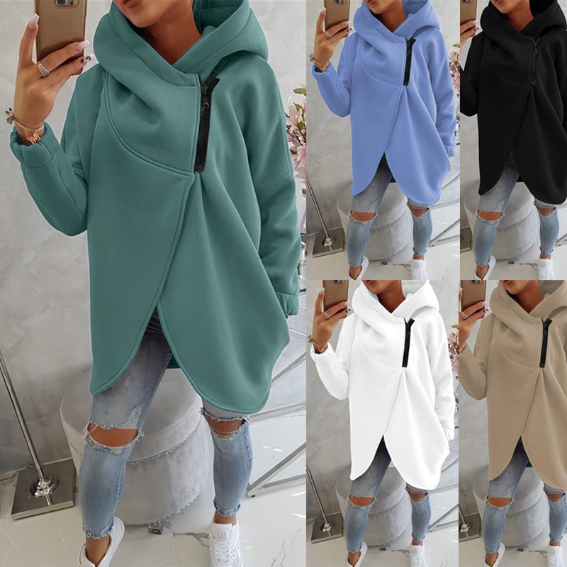 Women's Long-Sleeve Black Hooded Zip-Up Jacket with Front Pockets