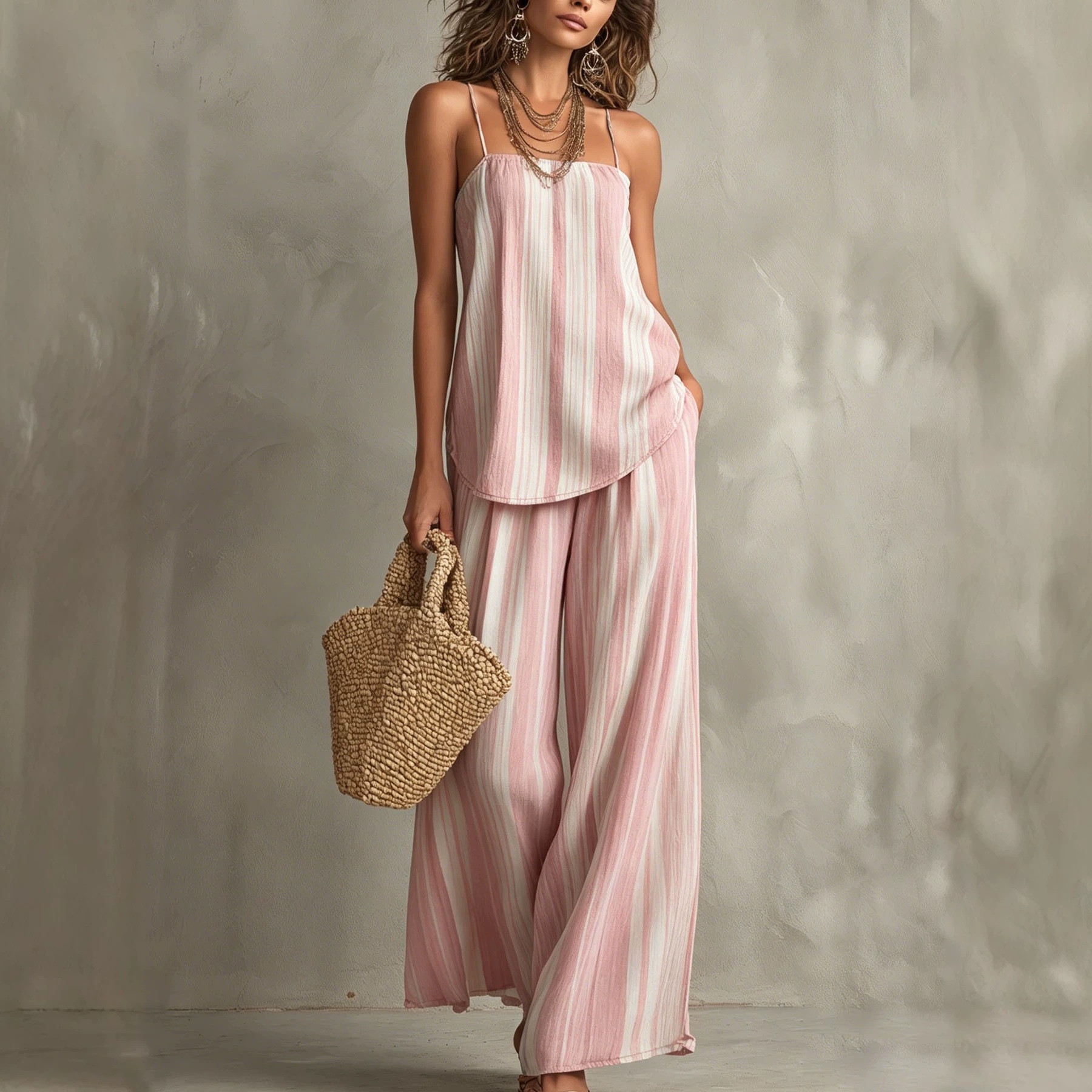 Striped Textured Cami & Wide-Leg Pants Set