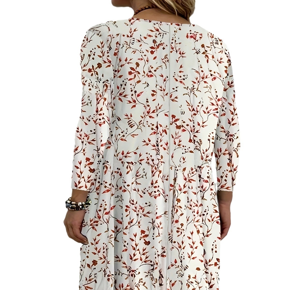 Women's Loose Round Neck Pleated Dress Sweet Fresh Floral Print