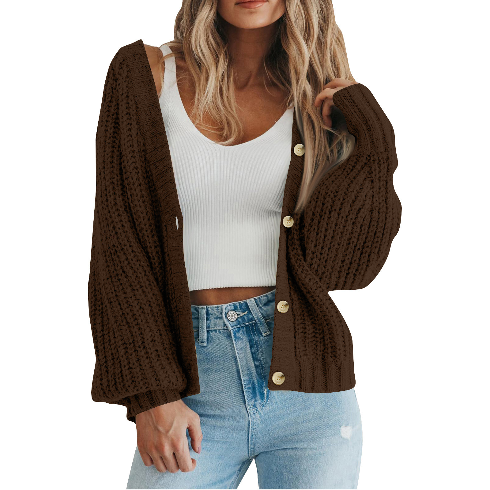 Women's Loose Knit Cardigan Sweater with Lantern Sleeves