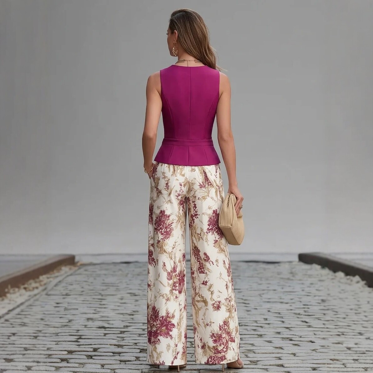 Purple Sleeveless Vest and Printed Wide-Leg Pants Two-Piece Set