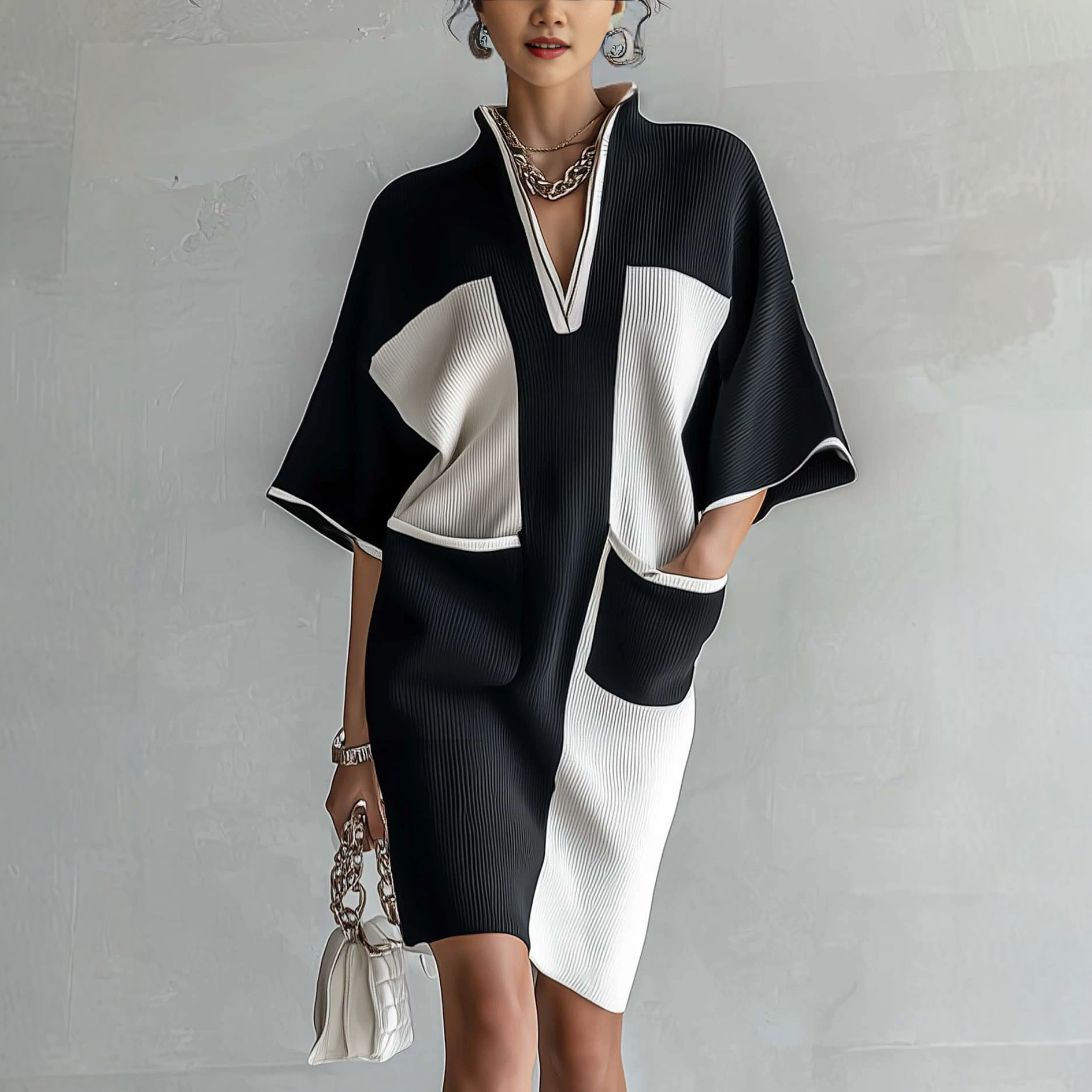 Color-Block Ribbed Knit Bodycon Dress with Stand Collar and V-Neck