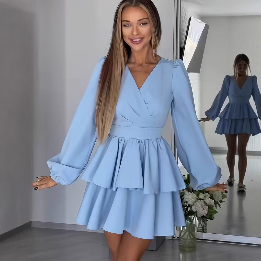 Elegant V-Neck Tie-Waist Long-Sleeve Shirt Dress