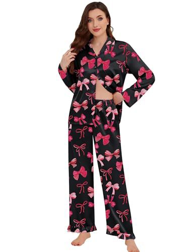 Women's Cuban Collar Butterfly Ribbon Print Long Sleeve Loungewear Set