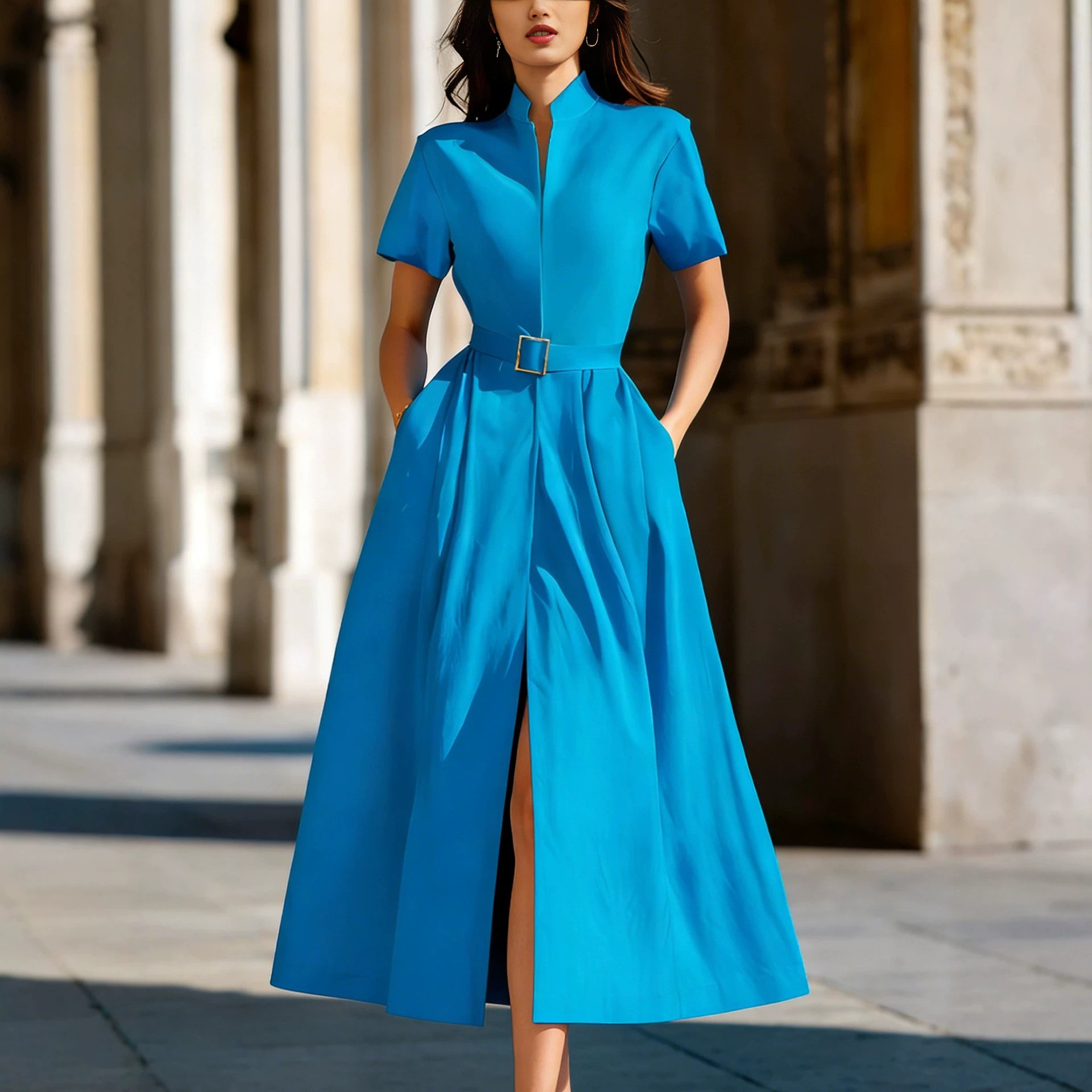 Women's Long Sleeve A-Line Dress Black Flared Hem Waist-Cinching