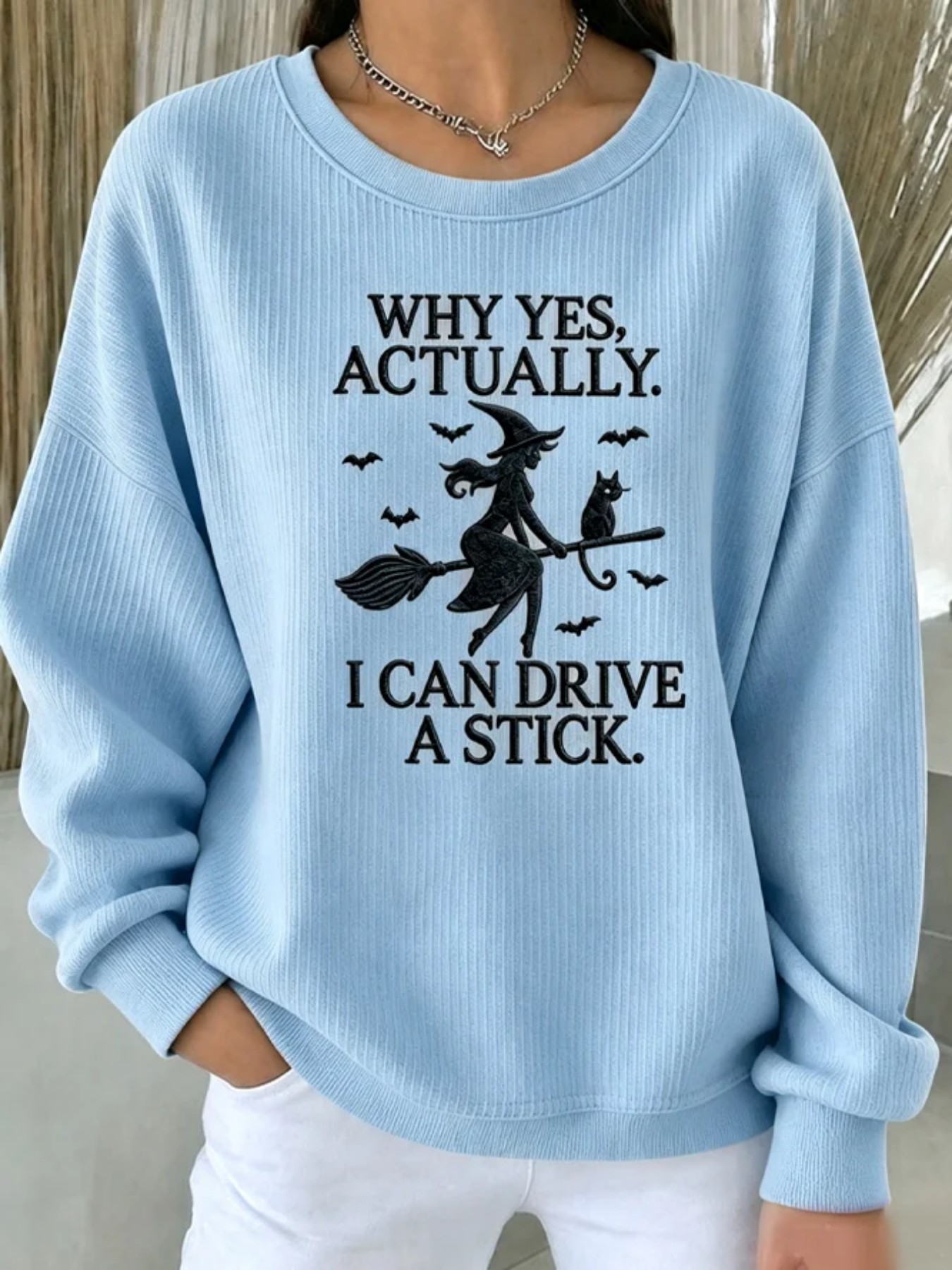 Halloween Witch Broom Print Crewneck Long-Sleeve Pullover Sweatshirt