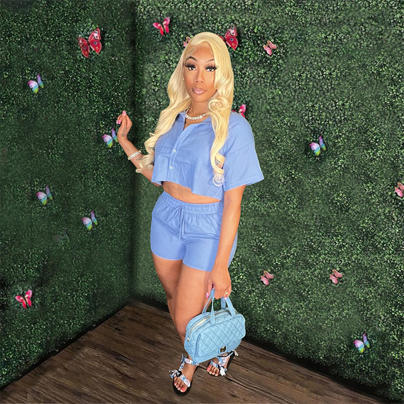 Women's Short Sleeve Shirt and Drawstring Pocket Shorts Two-Piece Set