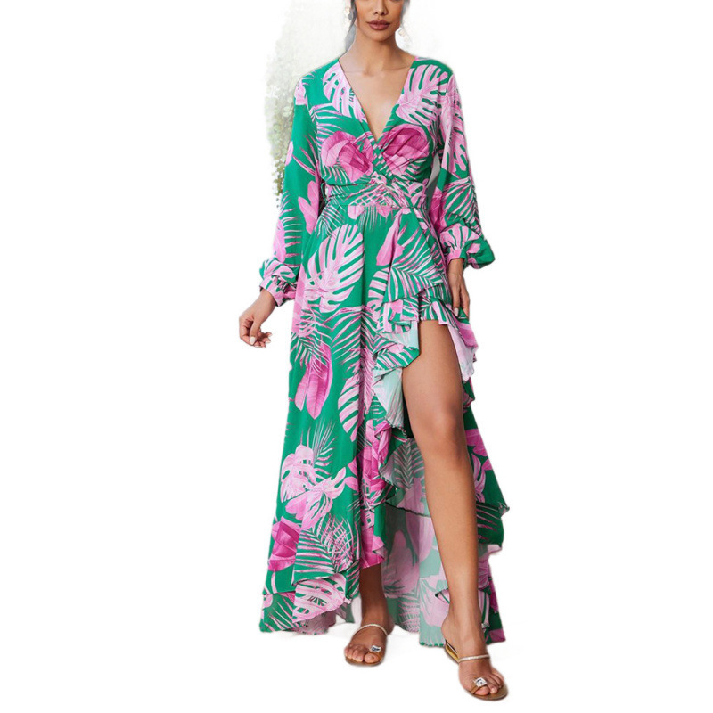 Floral Print V-Neck High-Waist Long Dress