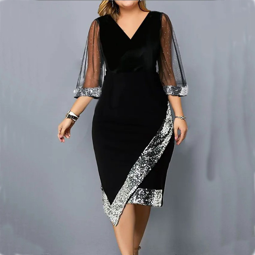 Gold Velvet Asymmetric Sequin Sheer Mesh Women's Dress
