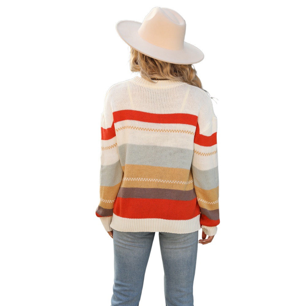 Color-Block Crewneck Oversized Knit Sweater Long Sleeve
