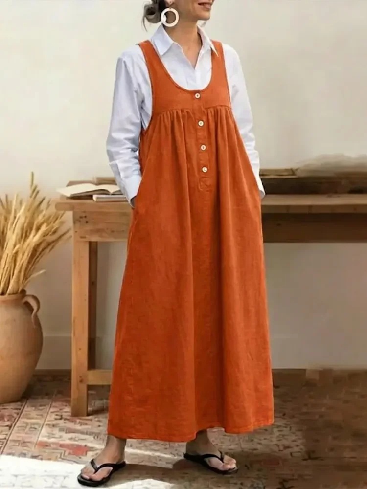 Solid Button Pinafore Dress Sleeveless Loose Casual