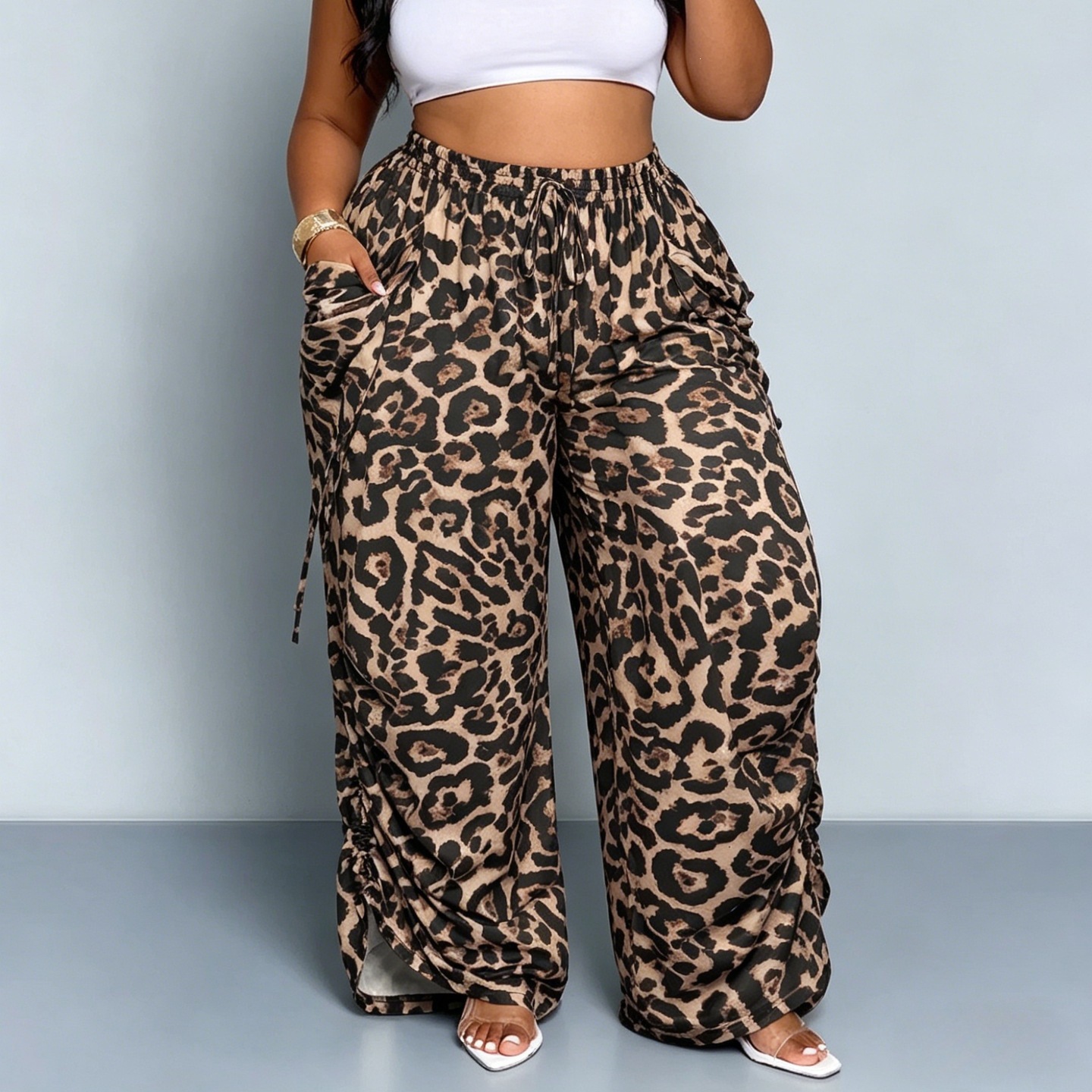 Leopard Print Wide-Leg Harem Pants High Waist Linen-Blend Lightweight