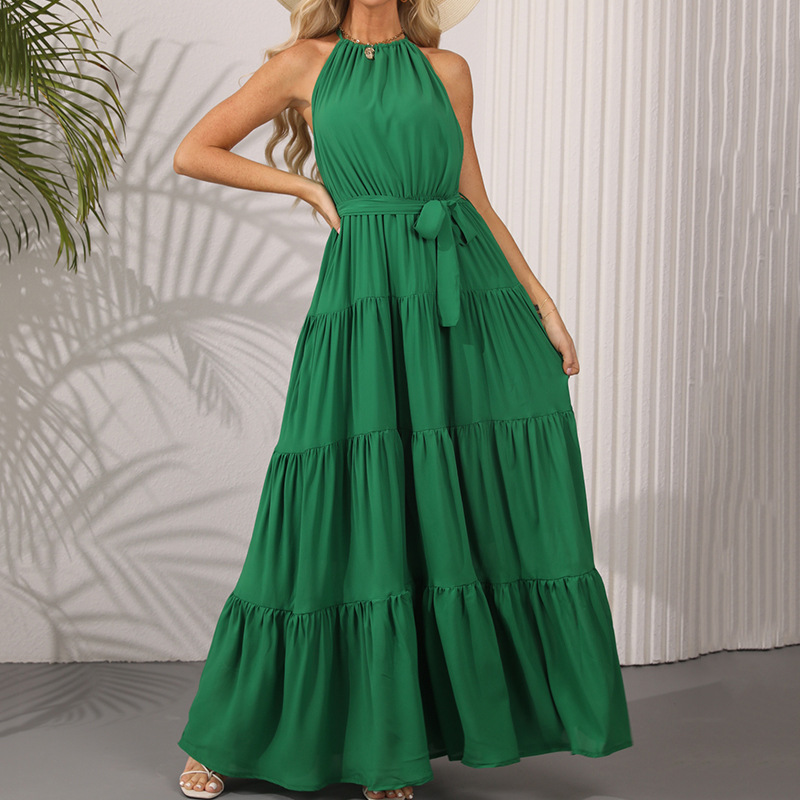 Women's Halter Neck Sleeveless High Waist Maxi Dress with Flowy Skirt