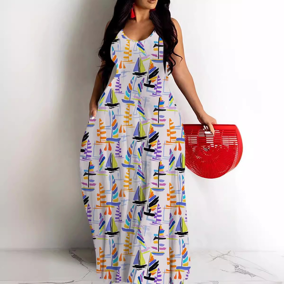 Women's Printed Deep V-Neck Sleeveless Maxi Dress