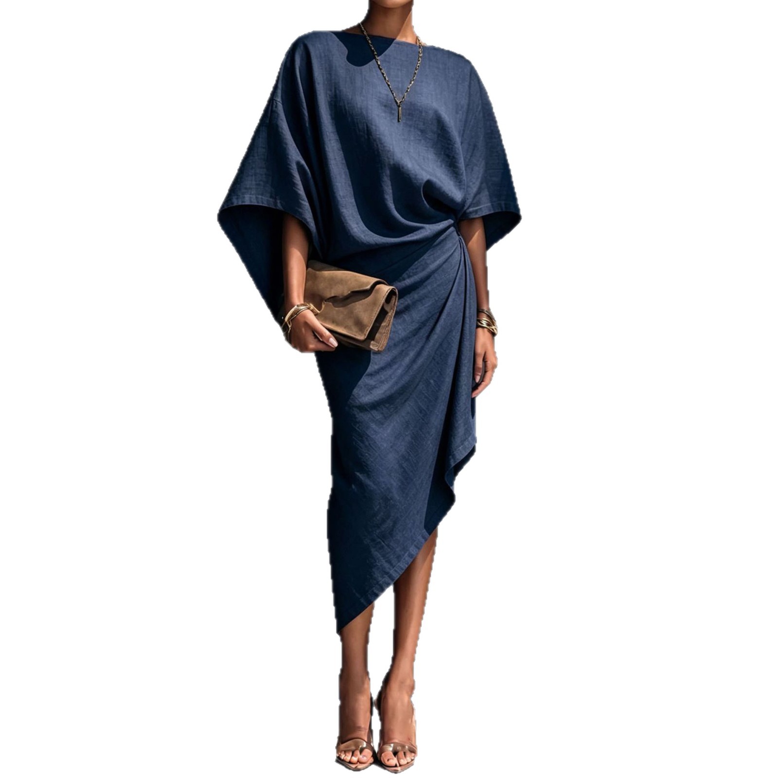 Women's Slim Fit Elegant Solid Draped Long Dress