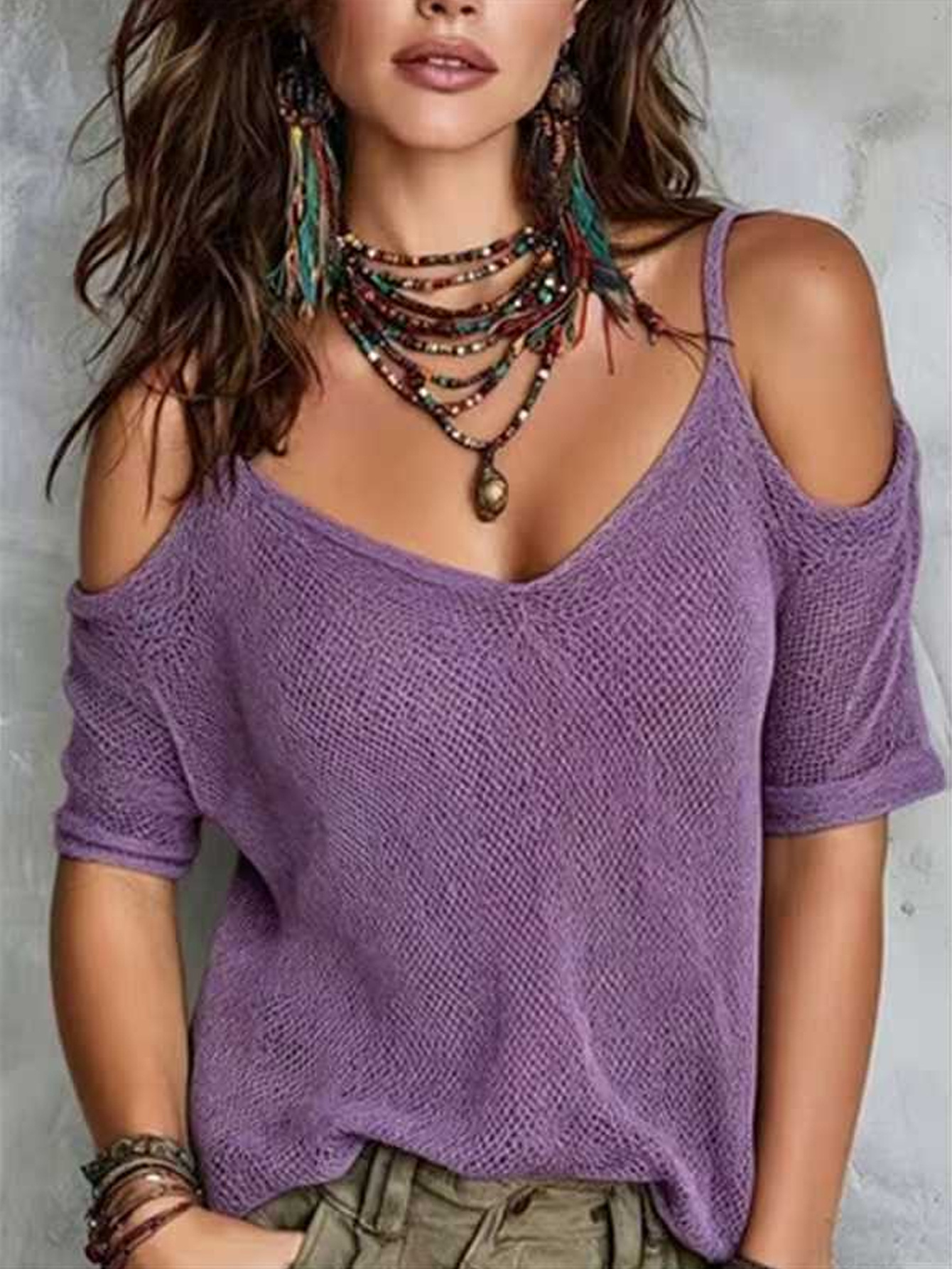 Women's Off-Shoulder Knit Top Short Sleeve Solid Color