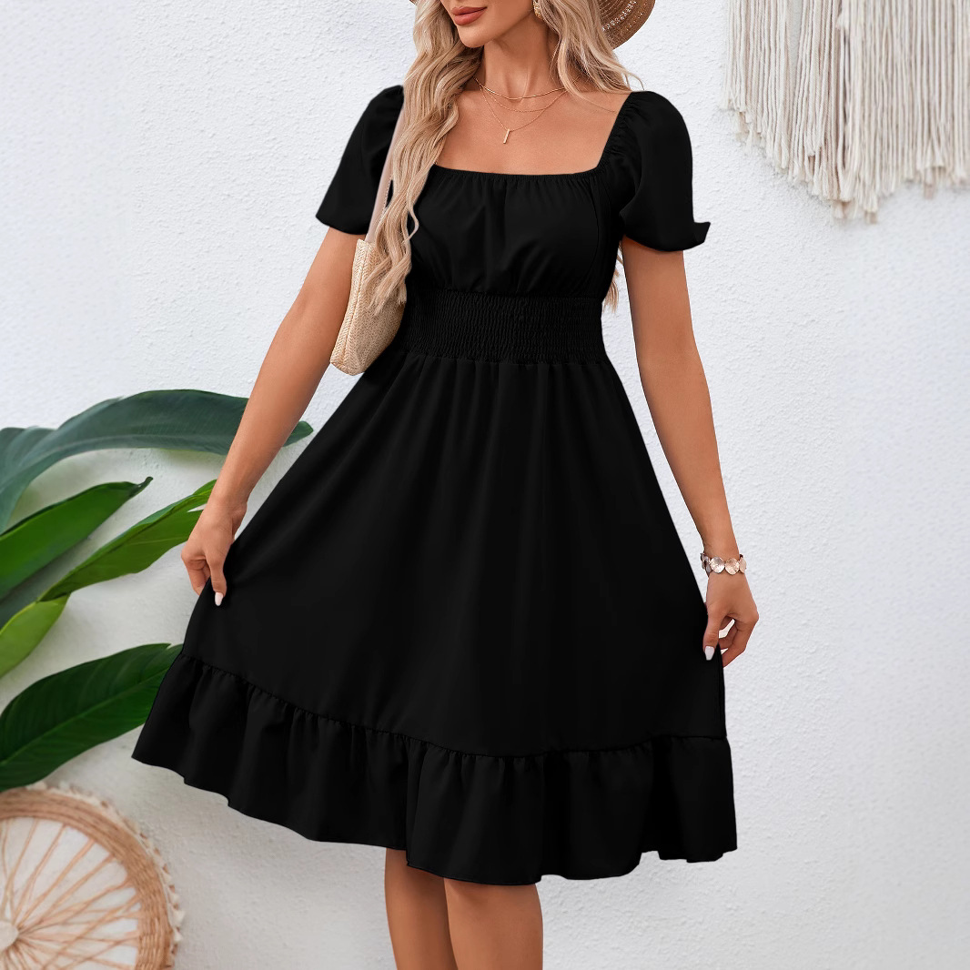 Women's Ruffle A-Line Dress Square Neck Short Sleeve Solid Color