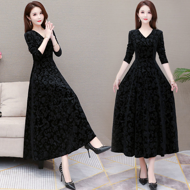 Velvet V-Neck Long Sleeve A-Line Maxi Dress