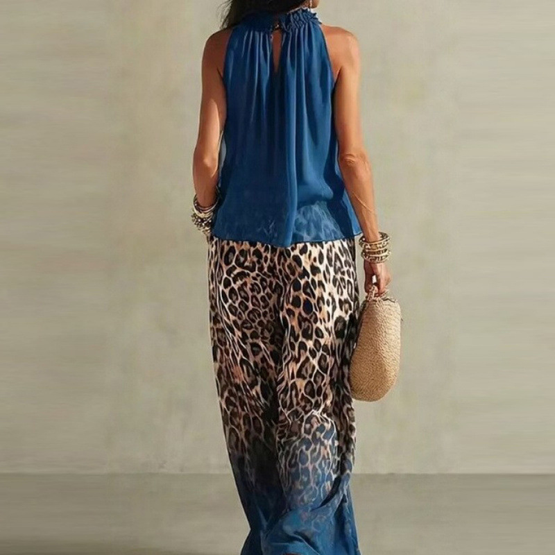Blue Halter Sleeveless Chiffon Top and Leopard Gradient Wide-Leg Pants Set