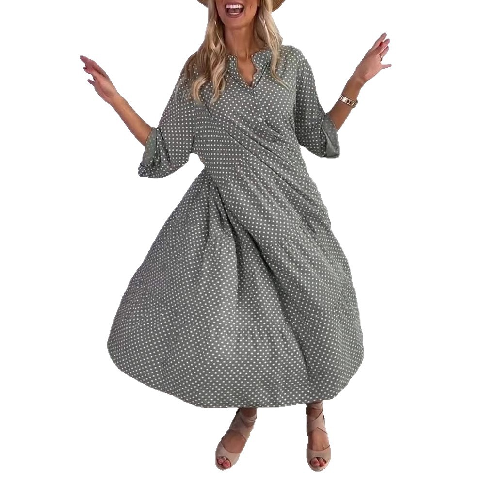Polka Dot Button Down Loose Dress with Stand Collar