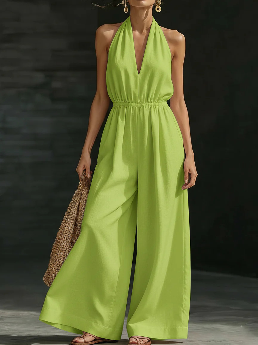 Women's V-Neck Halter Wide-Leg Jumpsuit Solid Color Sleeveless