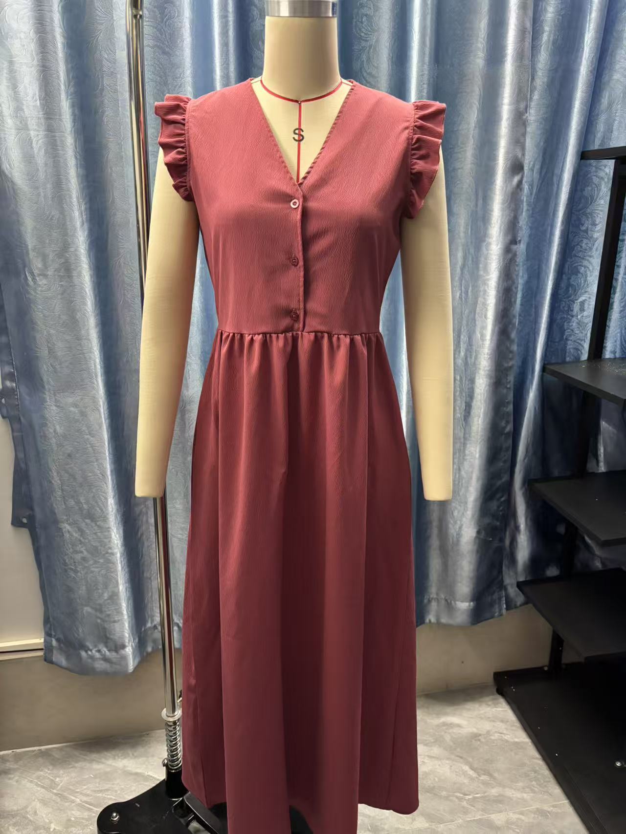 Women's Summer Ruffle Sleeve Solid Color Waist-Cinching Short Dress