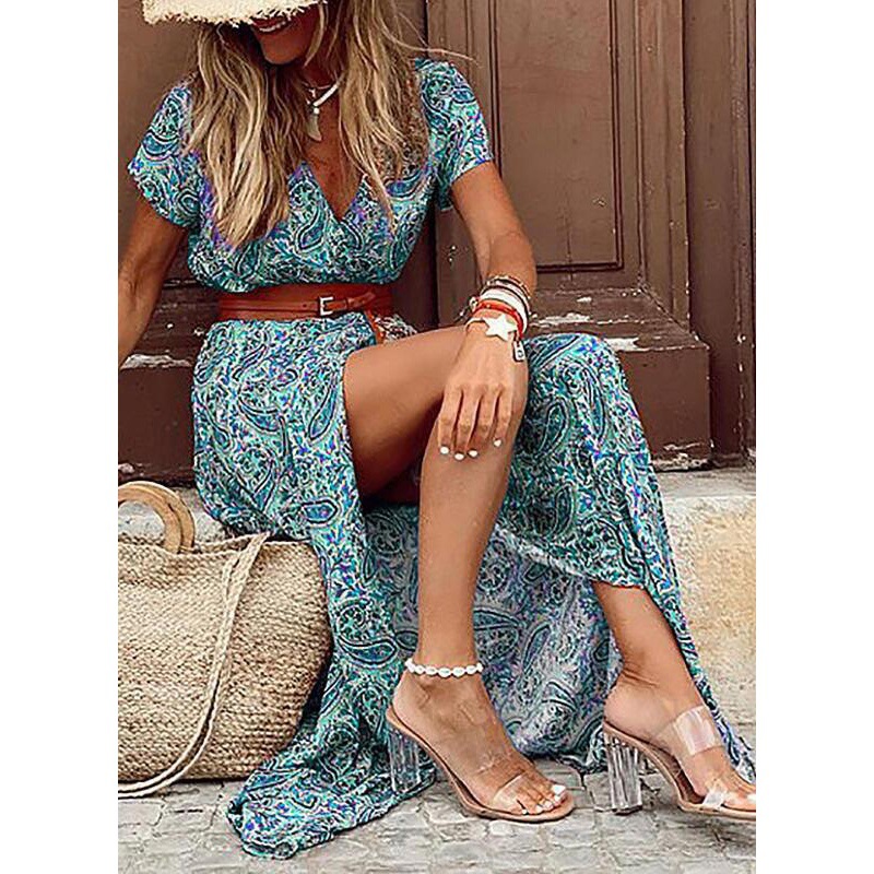 Bohemian V-Neck Floral Print Midi Dress