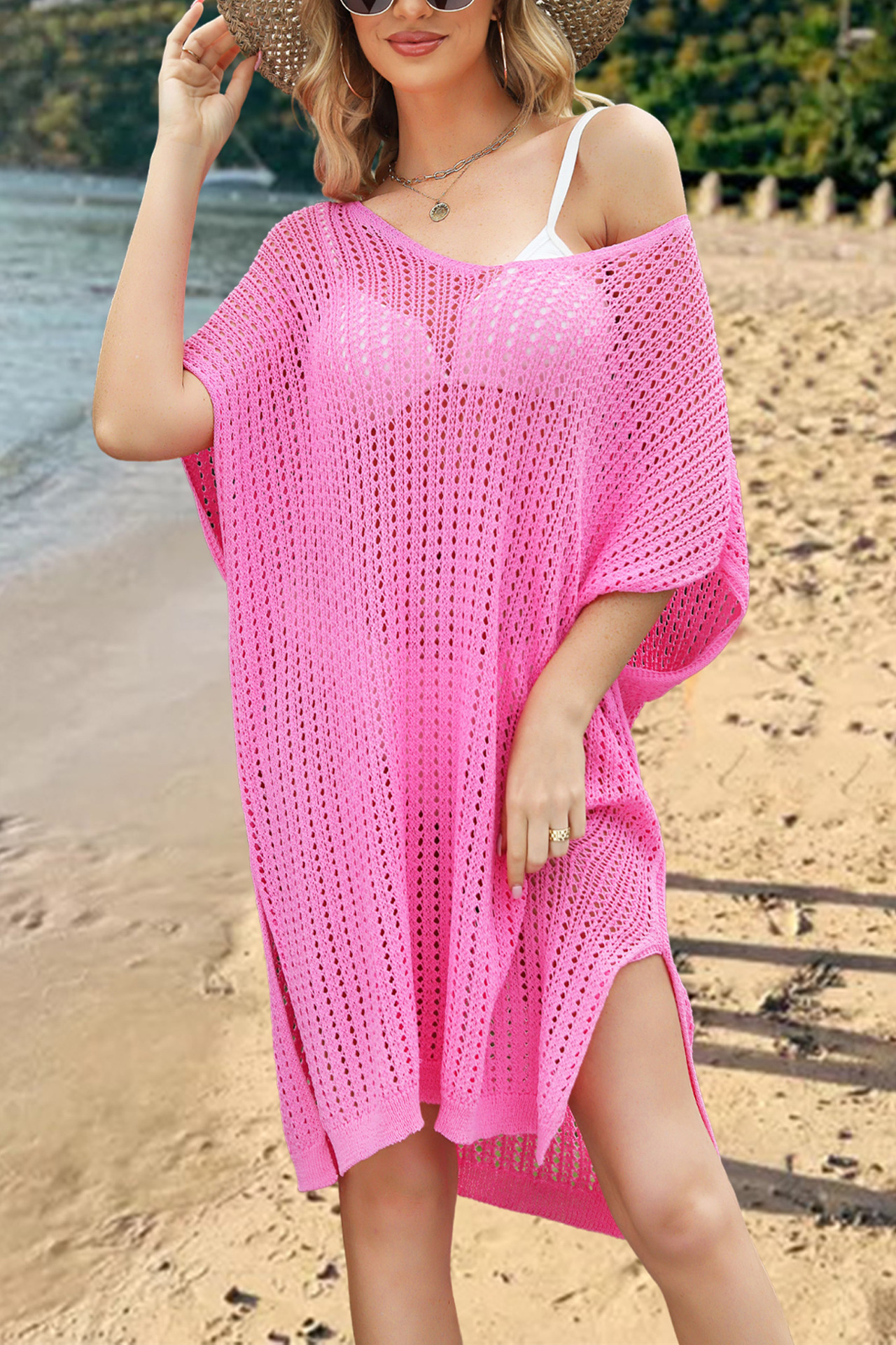 Women's Plus Size Sheer Knit Beach Cover-Up Dress
