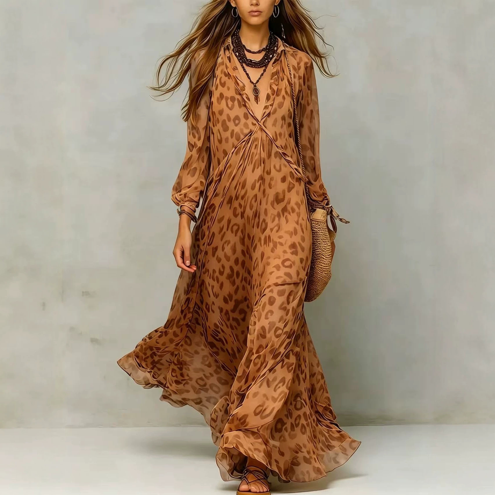 Women's Lantern Sleeve Chiffon Dress Deep V Neck Ruffled Long Geometric Print