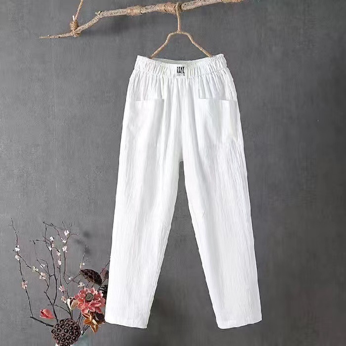Women's Cotton Linen Straight-Leg Cropped Pants Casual Solid Color