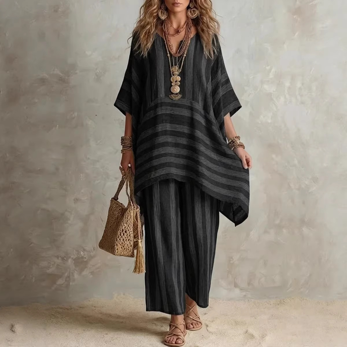 V-Neck Striped Two-Piece Lounge Set