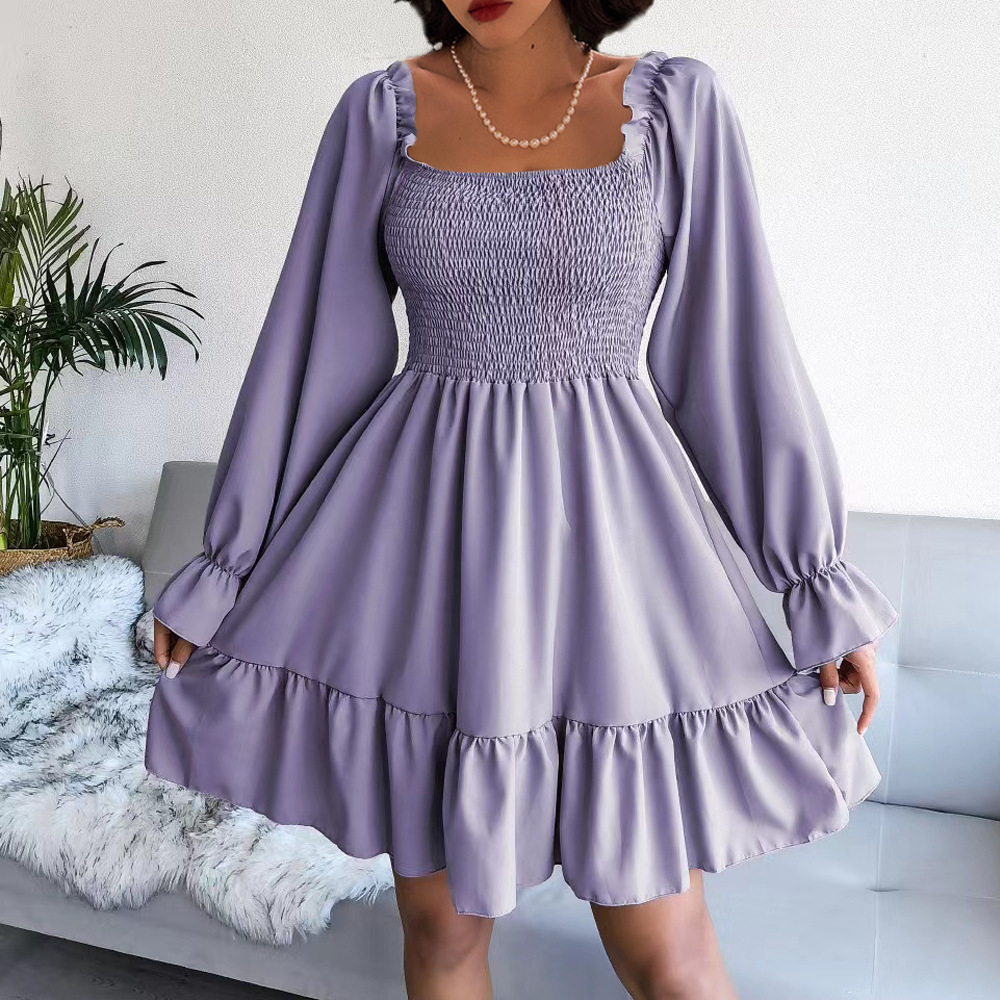 Square Neck Bell Sleeve Ruffle A-Line Midi Dress
