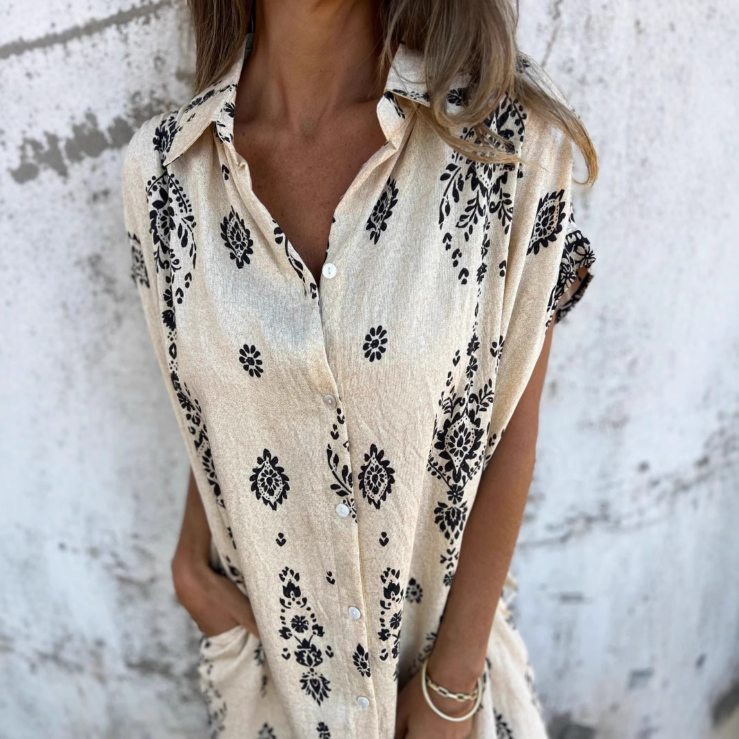 Women's Summer Loose Short Sleeve Cotton Linen Button Print Dress with Pockets