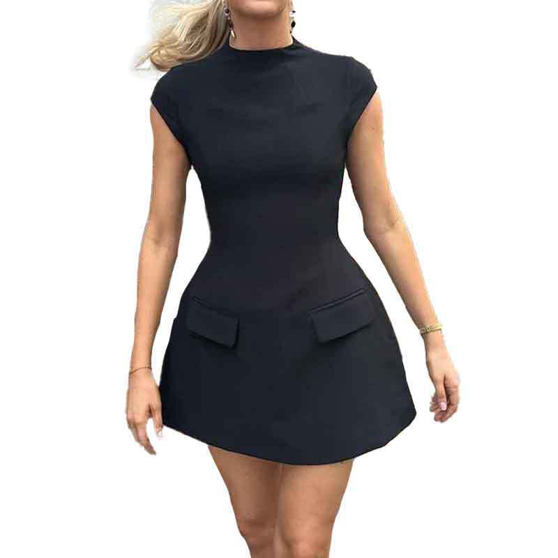 Women's Solid Color Round Neck High Waist Slim Fit Dress