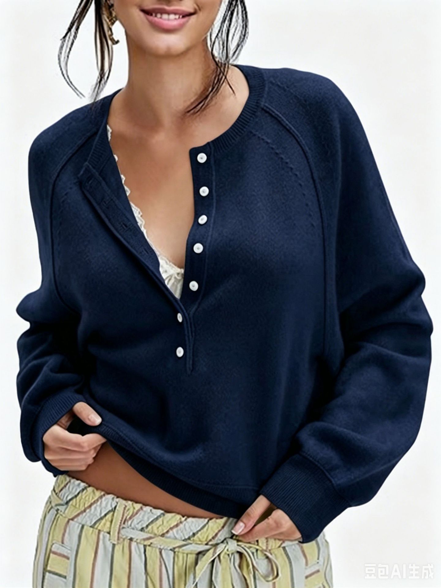 Women's Casual Crewneck Button-Front Knit Henley Sweater