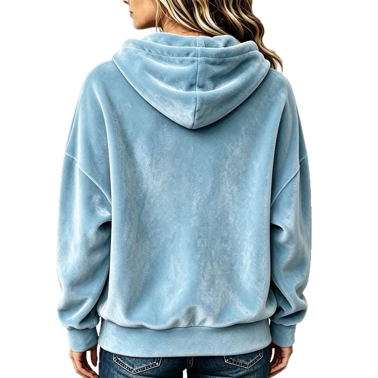 Hooded Drawstring Velvet Solid Color Long Sleeve Sweatshirt for Women