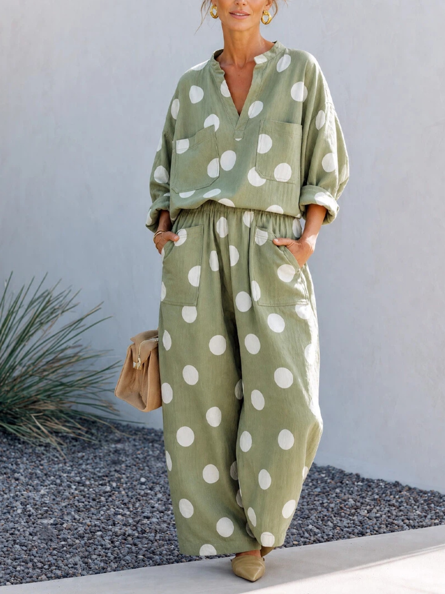 Women's V-Neck Long Sleeve Top and Wide-Leg Pants Two-Piece Set