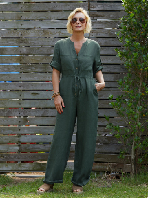 Women's Solid V-Neck Cotton-Linen Jumpsuit with Tie