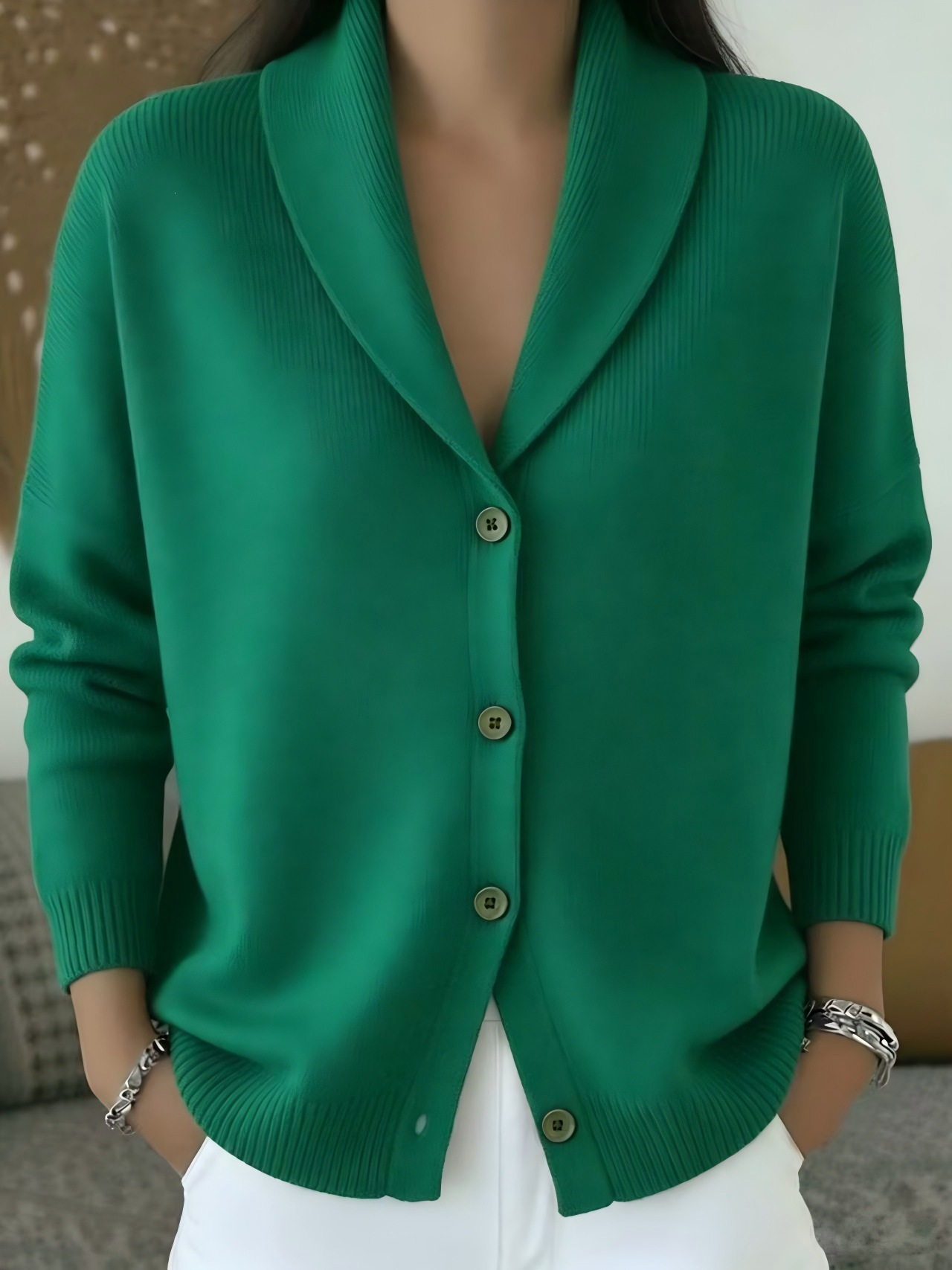 Button-Front Knit Cardigan Sweater with Collar, Solid Color, Casual