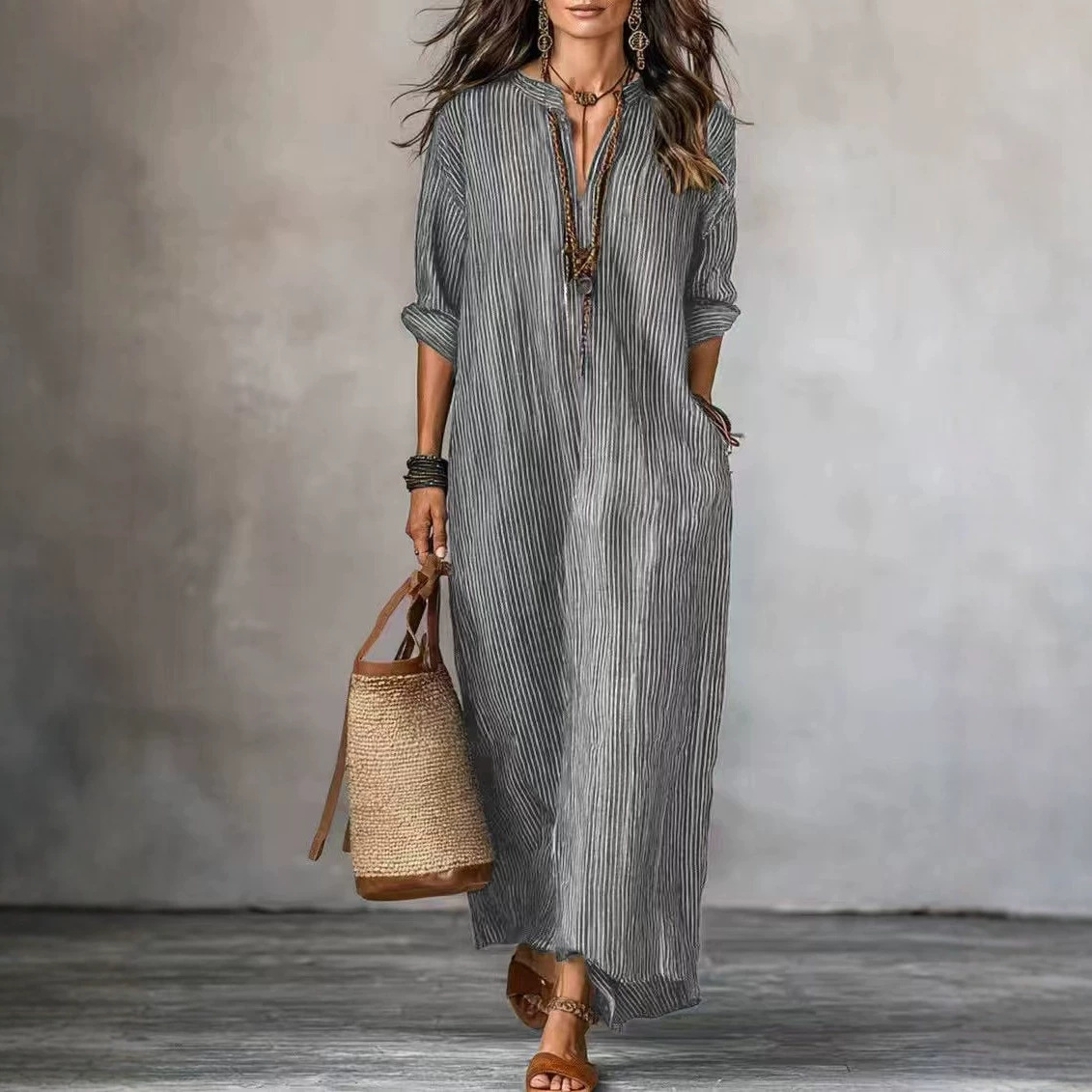 Women's V-Neck Striped Long Dress Loose Casual Summer Vacation
